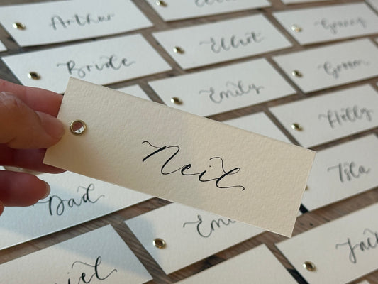 Ivory Calligraphy Place Cards with Eyelet | DIY Add Your Own Ribbon Place Card