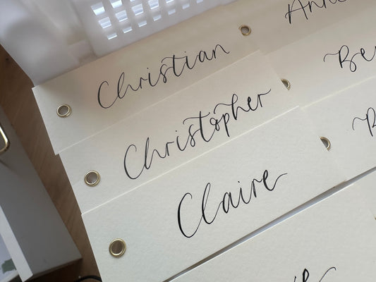 IVORY Calligraphy Place Name Card | DIY Add Own Ribbon Calligraphy Wedding Place Name Card | Gold or Silver Eyelet Place Card