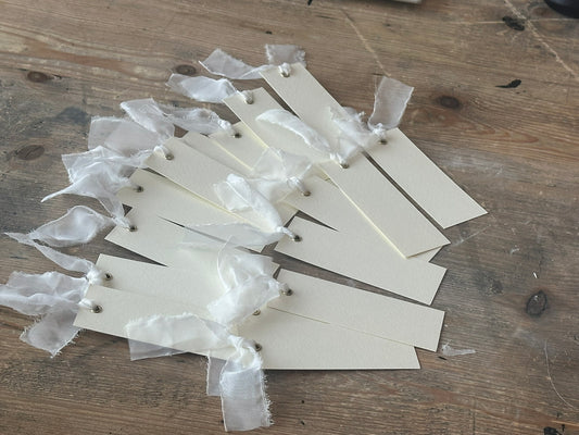 25 BLANK IVORY + WHITE Organza Ribbon Place Card with Eyelet | DIY Wedding Dinner Party Place Card, Write Your Own Place Setting | Green Wedding Baby Shower