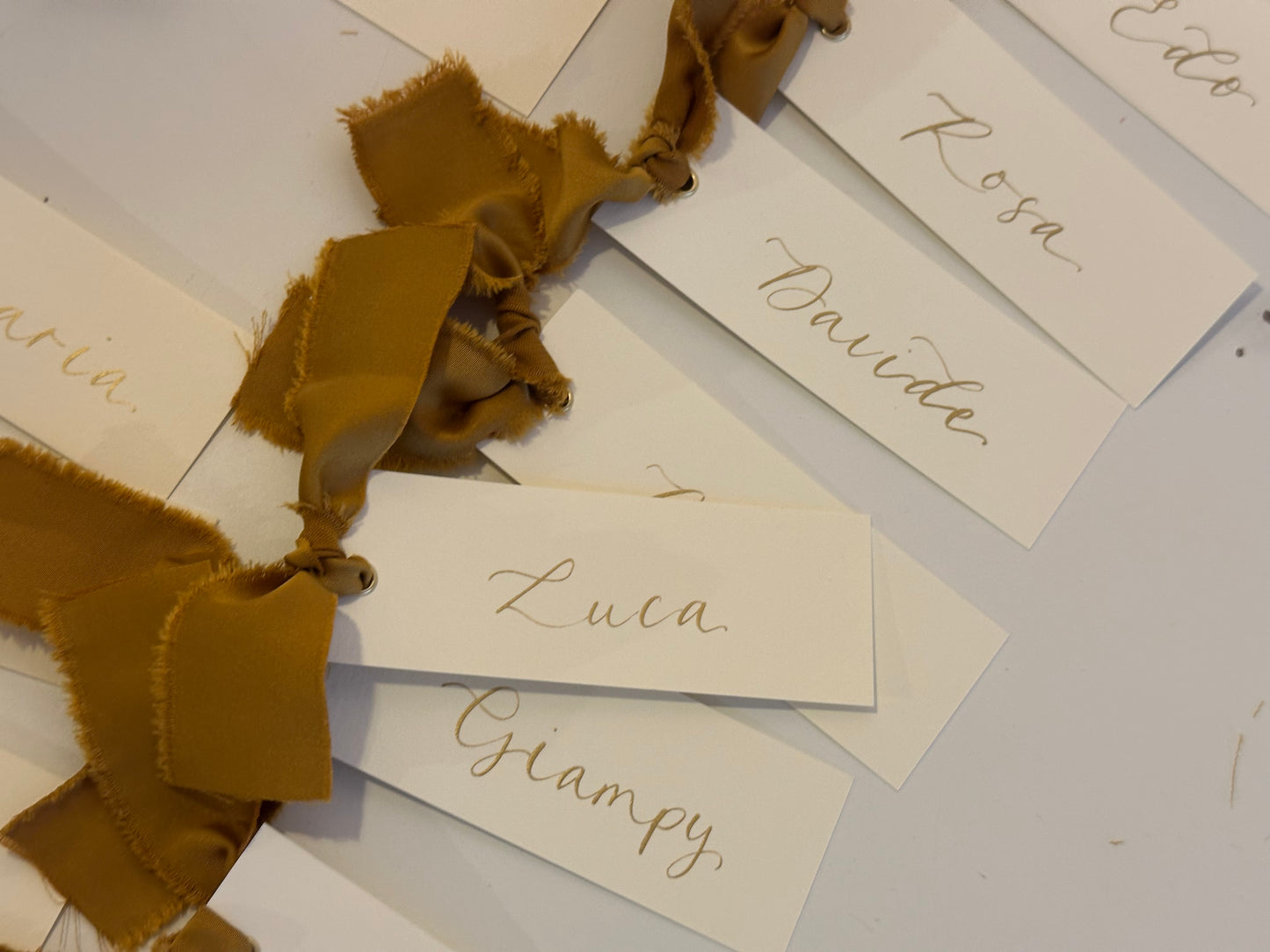 Ivory Gold Satin Wedding Place Cards with Ribbon | Calligraphy Place Cards