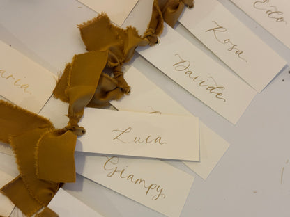 Ivory Gold Satin Wedding Place Cards with Ribbon | Calligraphy Place Cards