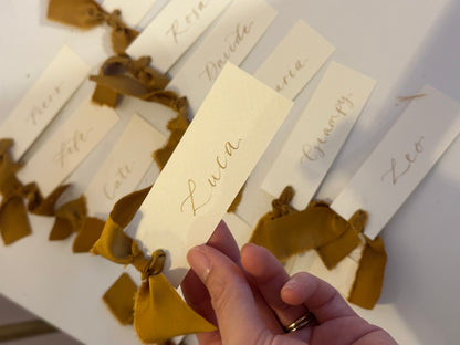 Ivory Gold Satin Wedding Place Cards with Ribbon | Calligraphy Place Cards