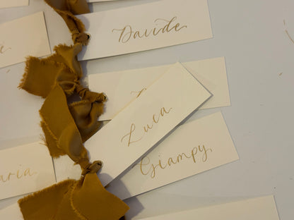 Ivory Gold Satin Wedding Place Cards with Ribbon | Calligraphy Place Cards