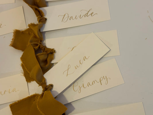 Ivory Gold Satin Wedding Place Cards with Ribbon | Calligraphy Place Cards