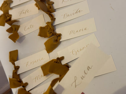 Ivory Gold Satin Wedding Place Cards with Ribbon | Calligraphy Place Cards