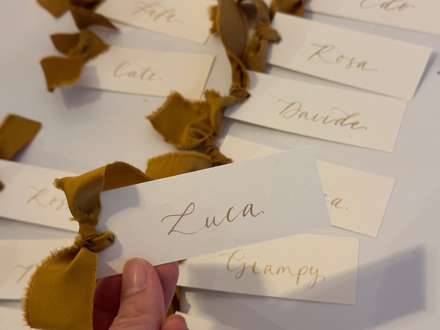 Ivory Gold Satin Wedding Place Cards with Ribbon | Calligraphy Place Cards