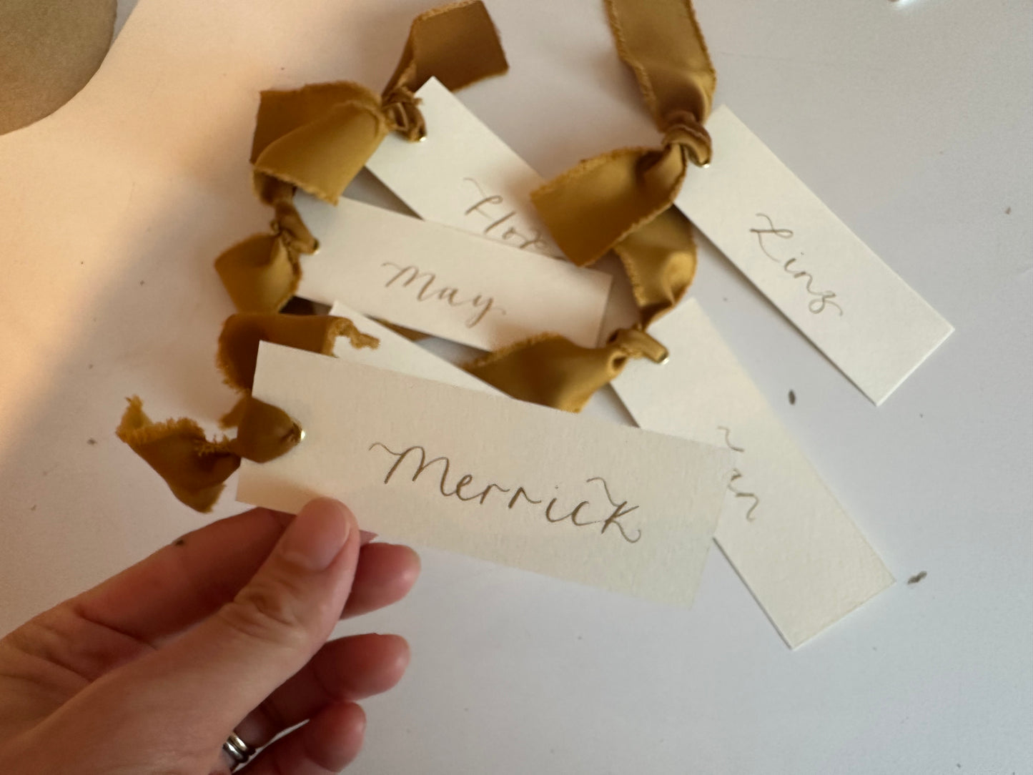 Ivory Gold Satin Wedding Place Cards with Ribbon | Calligraphy Place Cards