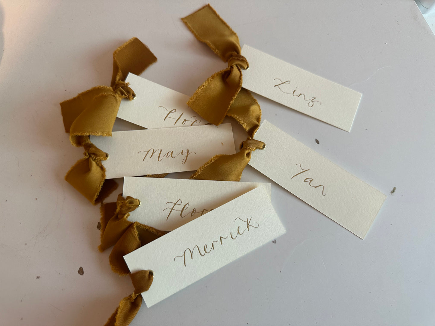 Ivory Gold Satin Wedding Place Cards with Ribbon | Calligraphy Place Cards