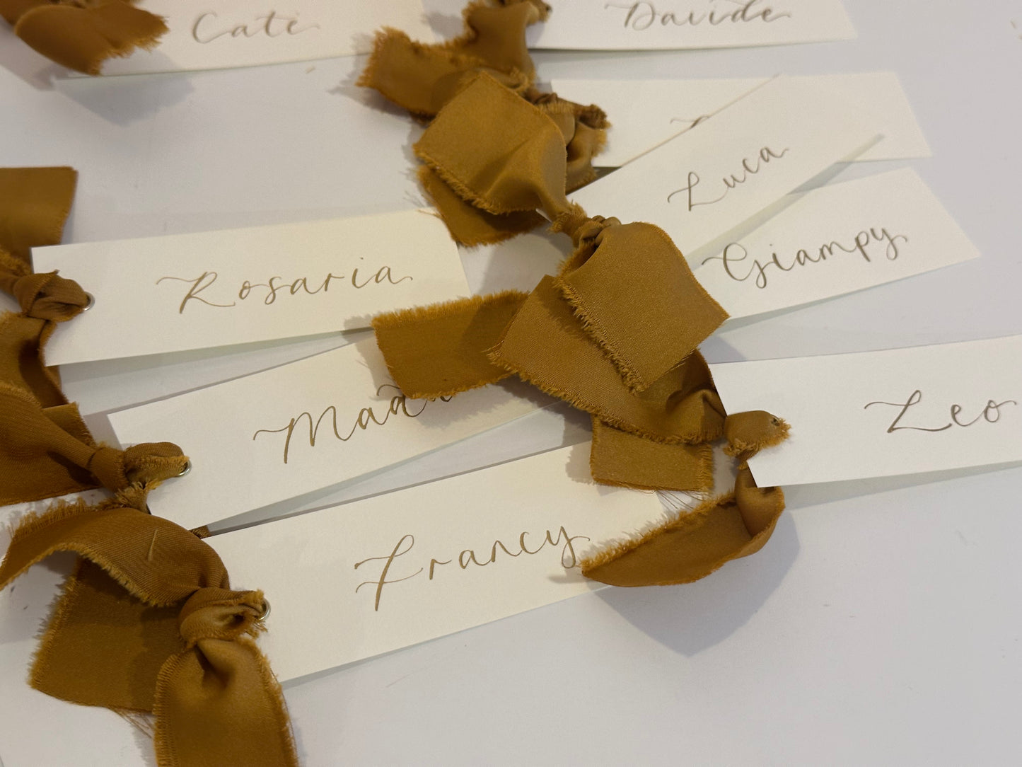 Ivory Gold Satin Wedding Place Cards with Ribbon | Calligraphy Place Cards