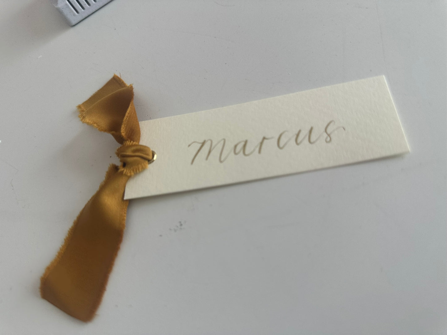IVORY + GOLD Satin Ribbon Calligraphy Place Name Card | Calligraphy Wedding Place Name Card | Gold or Silver Eyelet