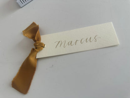 IVORY + GOLD Satin Ribbon Calligraphy Place Name Card | Calligraphy Wedding Place Name Card | Gold or Silver Eyelet