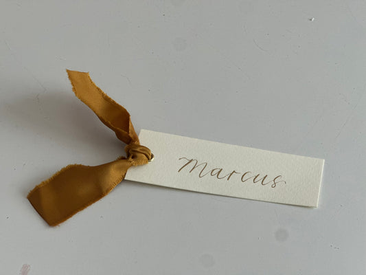 IVORY + GOLD Satin Ribbon Calligraphy Place Name Card | Calligraphy Wedding Place Name Card | Gold or Silver Eyelet