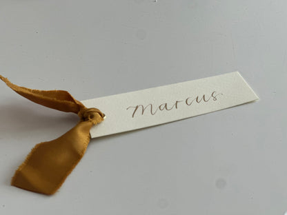 IVORY + GOLD Satin Ribbon Calligraphy Place Name Card | Calligraphy Wedding Place Name Card | Gold or Silver Eyelet