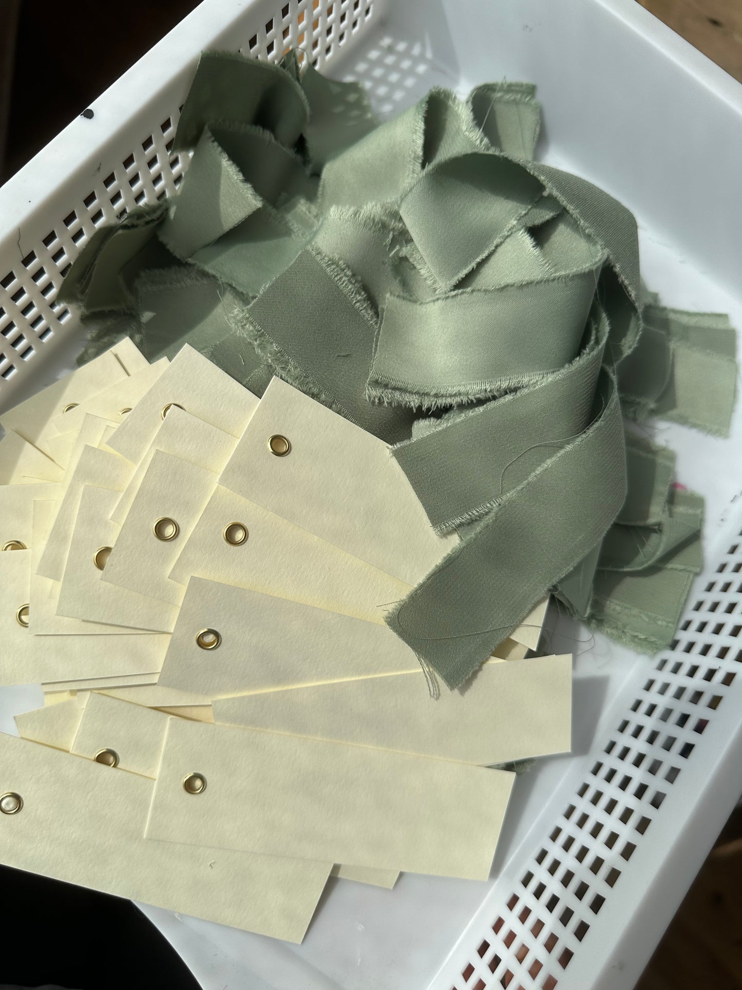 25 BLANK IVORY + SAGE Satin Ribbon Place Card with Eyelet | DIY Wedding Dinner Party Place Card, Write Your Own Place Setting | Green Wedding Baby Shower