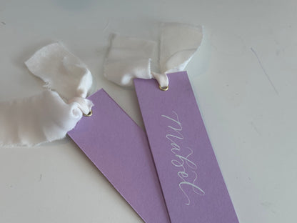 Lavender Lilac Champagne Chiffon Wedding Place Cards with Ribbon | Calligraphy Place Cards