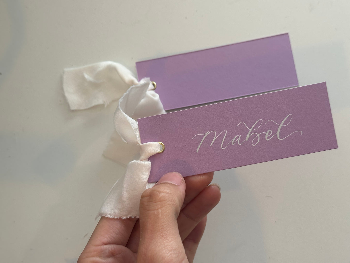 Lavender Lilac Champagne Chiffon Wedding Place Cards with Ribbon | Calligraphy Place Cards