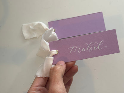 Lavender Lilac Champagne Chiffon Wedding Place Cards with Ribbon | Calligraphy Place Cards