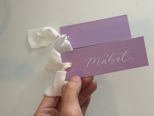 Lavender Lilac Champagne Chiffon Wedding Place Cards with Ribbon | Calligraphy Place Cards