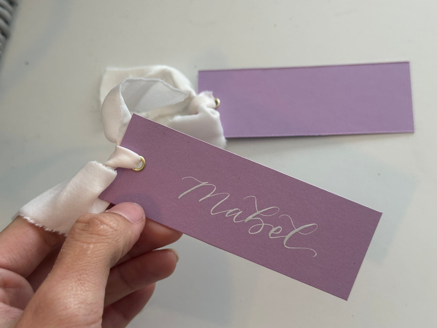 Lavender Lilac Champagne Chiffon Wedding Place Cards with Ribbon | Calligraphy Place Cards