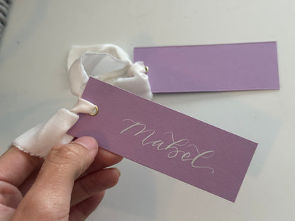 Lavender Lilac Champagne Chiffon Wedding Place Cards with Ribbon | Calligraphy Place Cards
