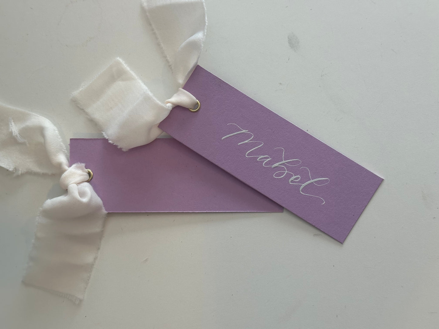 Lavender Lilac Champagne Chiffon Wedding Place Cards with Ribbon | Calligraphy Place Cards