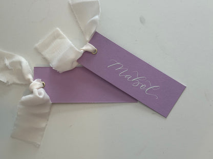 Lavender Lilac Champagne Chiffon Wedding Place Cards with Ribbon | Calligraphy Place Cards