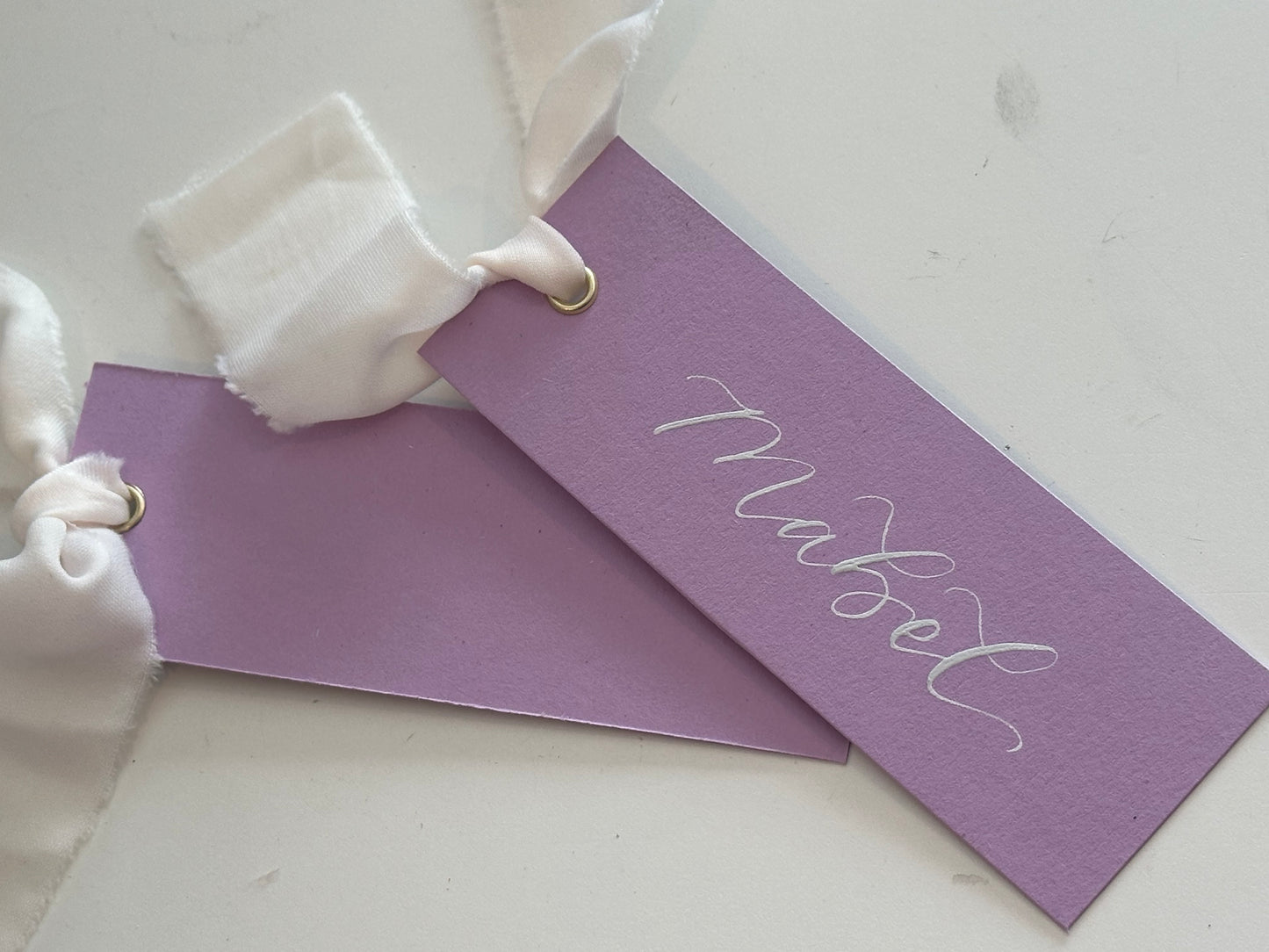 Lavender Lilac Champagne Chiffon Wedding Place Cards with Ribbon | Calligraphy Place Cards