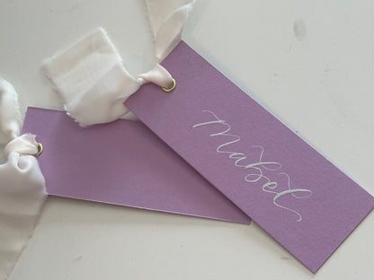 Lavender Lilac Champagne Chiffon Wedding Place Cards with Ribbon | Calligraphy Place Cards