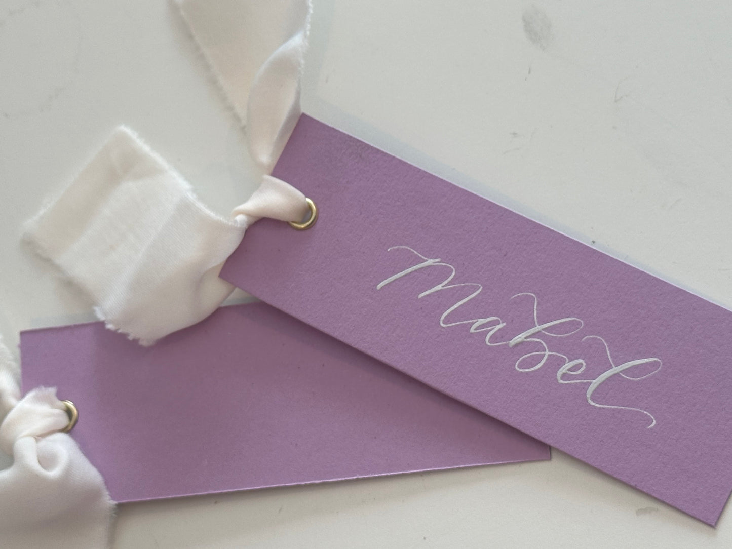 Lavender Lilac Champagne Chiffon Wedding Place Cards with Ribbon | Calligraphy Place Cards