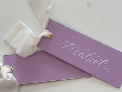 Lavender Lilac Champagne Chiffon Wedding Place Cards with Ribbon | Calligraphy Place Cards