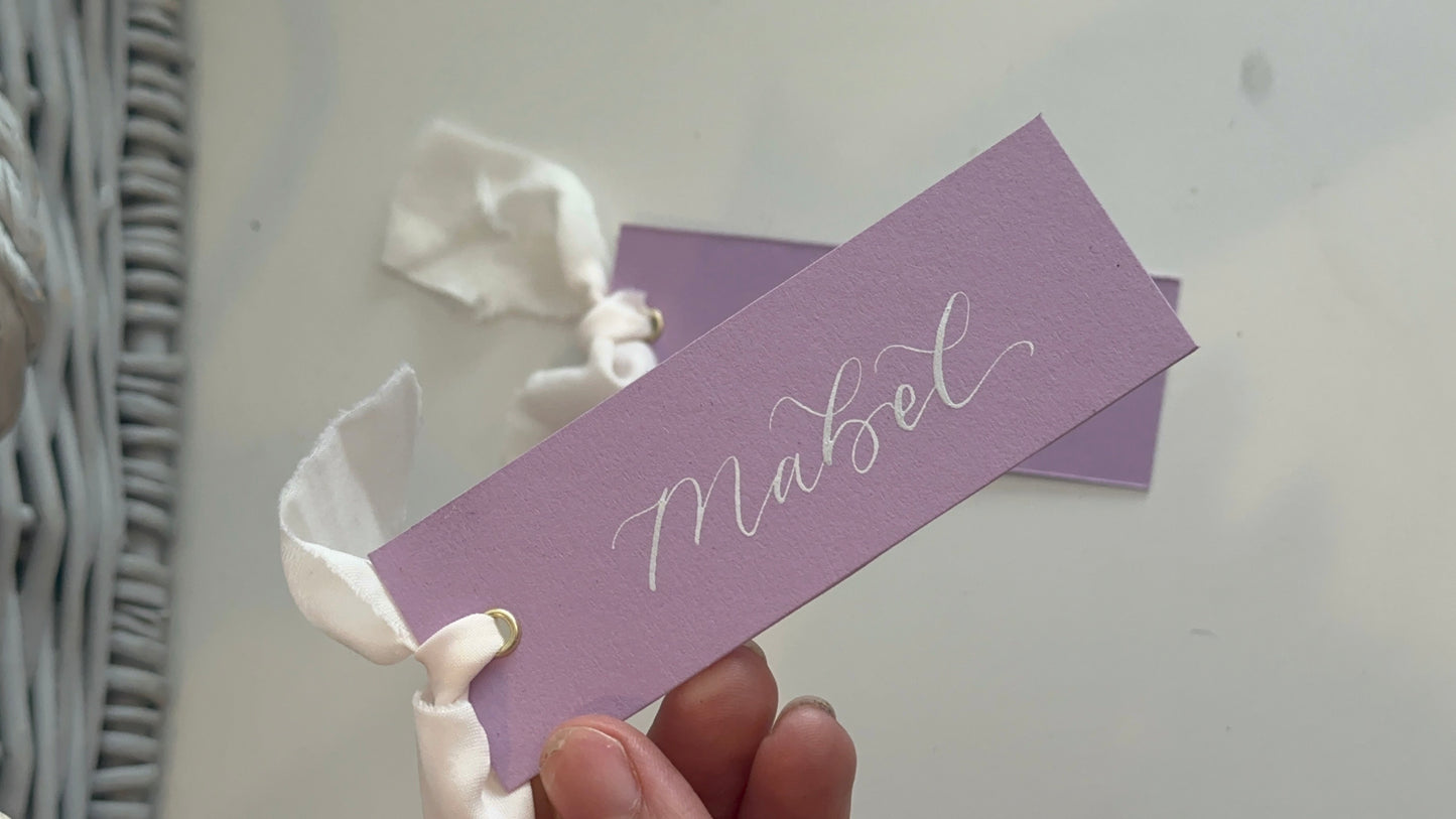 Lavender Lilac Champagne Chiffon Wedding Place Cards with Ribbon | Calligraphy Place Cards