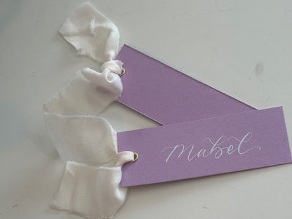 Lavender Lilac Champagne Chiffon Wedding Place Cards with Ribbon | Calligraphy Place Cards