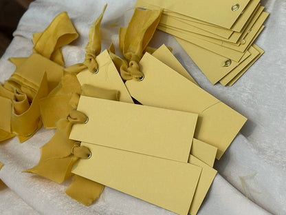 25 BLANK LEMON Yellow Chiffon Ribbon Place Card with Eyelet | DIY Wedding Dinner Party Place Card, Write Your Own Place Setting | Green Wedding Baby Shower