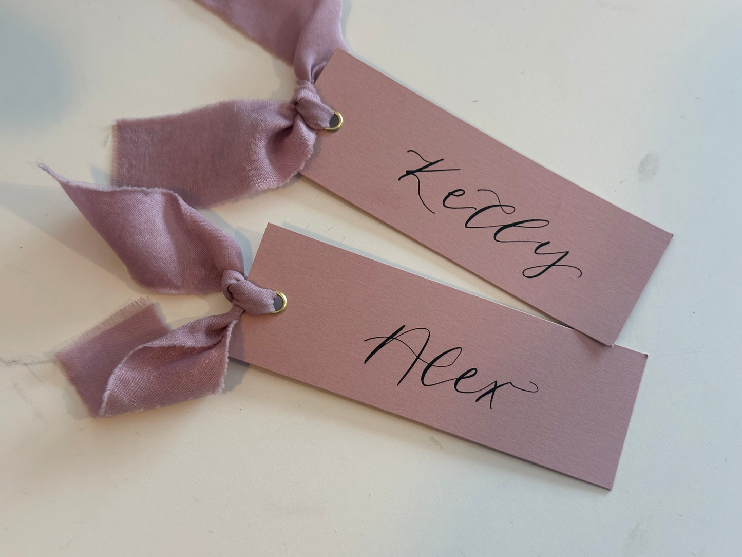 Light Lilac Chiffon Wedding Place Cards with Ribbon | Pastel Lilac Calligraphy Place Cards