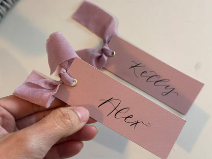 Light Lilac Chiffon Wedding Place Cards with Ribbon | Pastel Lilac Calligraphy Place Cards