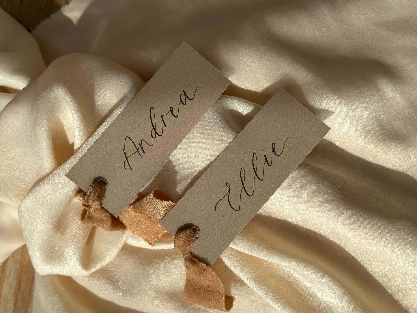 MOCHA Place Card Chiffon Ribbon | Calligraphy Wedding Place Name Card | Gold or Silver Eyelet