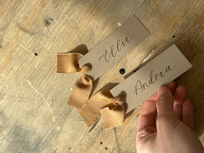 MOCHA Place Card Chiffon Ribbon | Calligraphy Wedding Place Name Card | Gold or Silver Eyelet