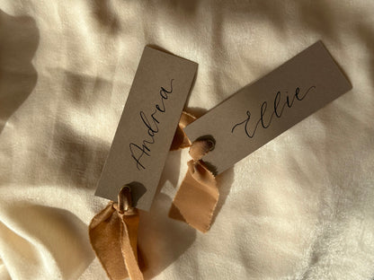 MOCHA Place Card Chiffon Ribbon | Calligraphy Wedding Place Name Card | Gold or Silver Eyelet