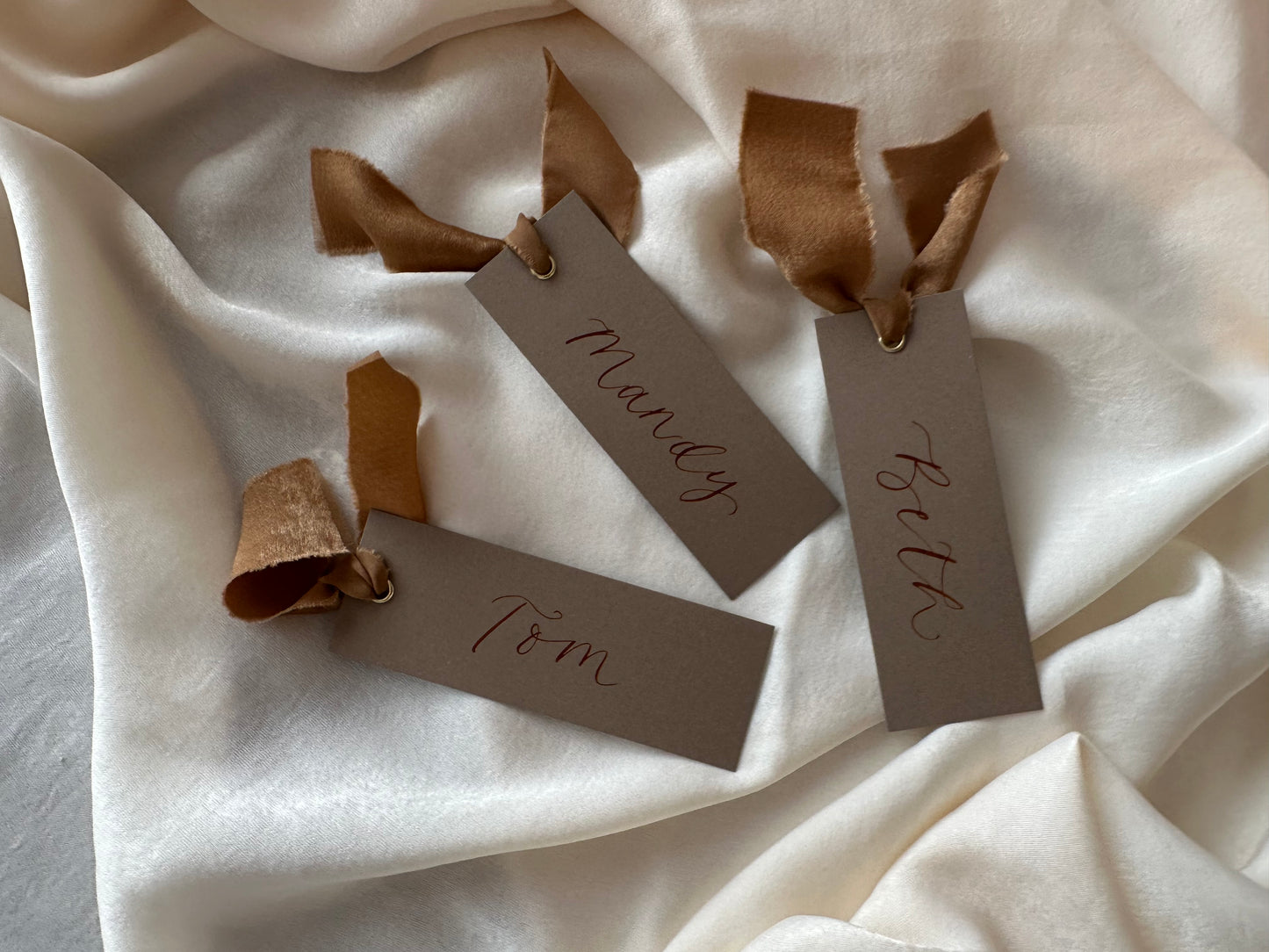 MOCHA Place Card Chiffon Ribbon | Calligraphy Wedding Place Name Card | Gold or Silver Eyelet