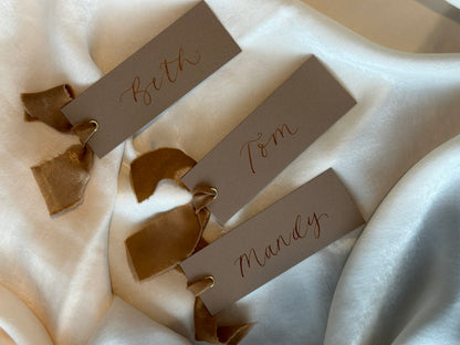 MOCHA Place Card Chiffon Ribbon | Calligraphy Wedding Place Name Card | Gold or Silver Eyelet