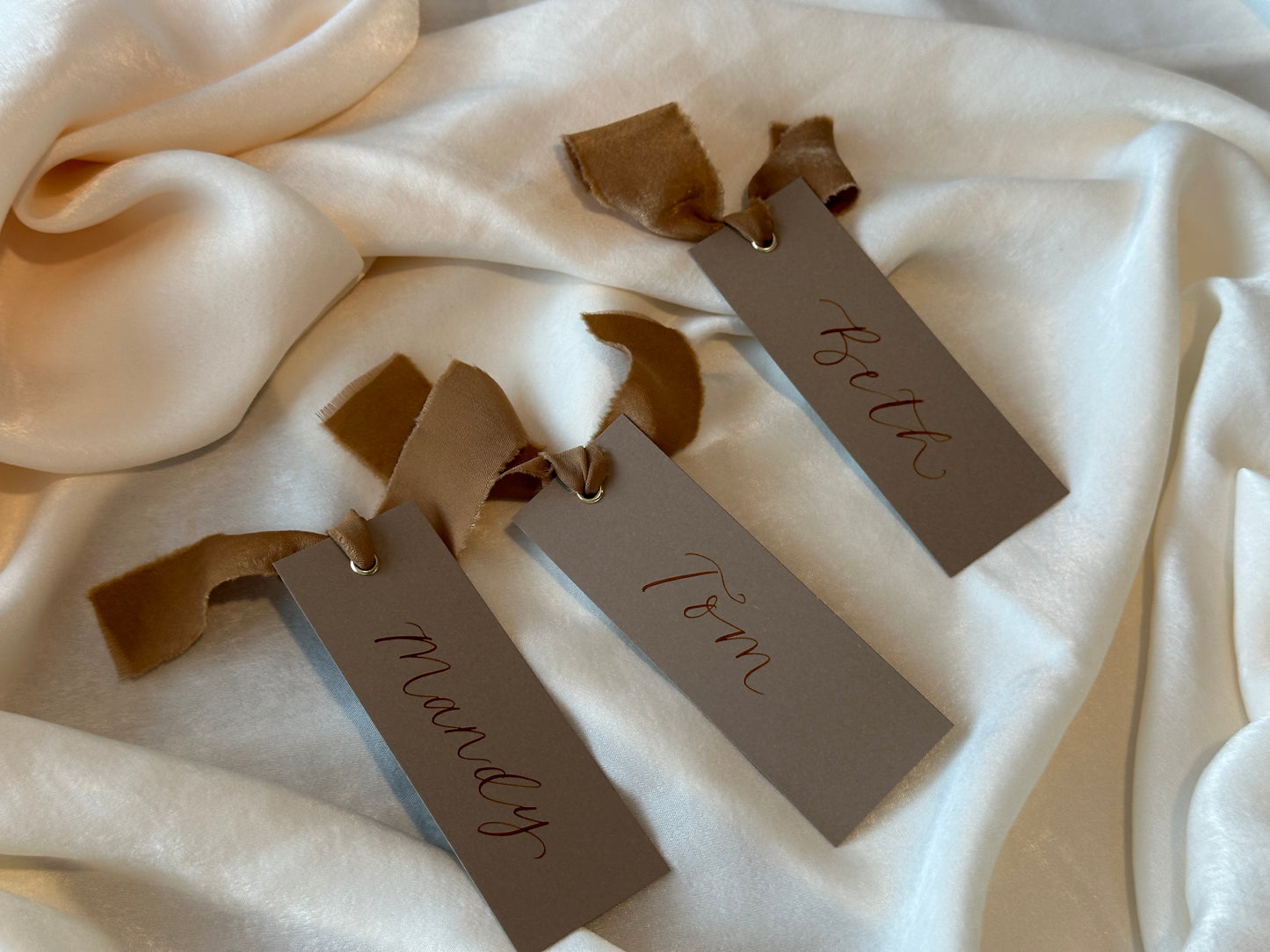 MOCHA Place Card Chiffon Ribbon | Calligraphy Wedding Place Name Card | Gold or Silver Eyelet