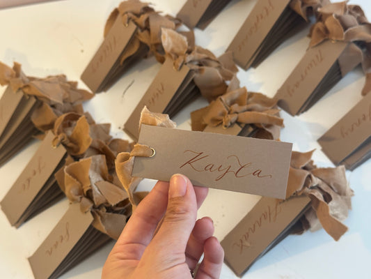 Mocha Chiffon Wedding Place Cards with Ribbon | Brown Calligraphy Place Cards