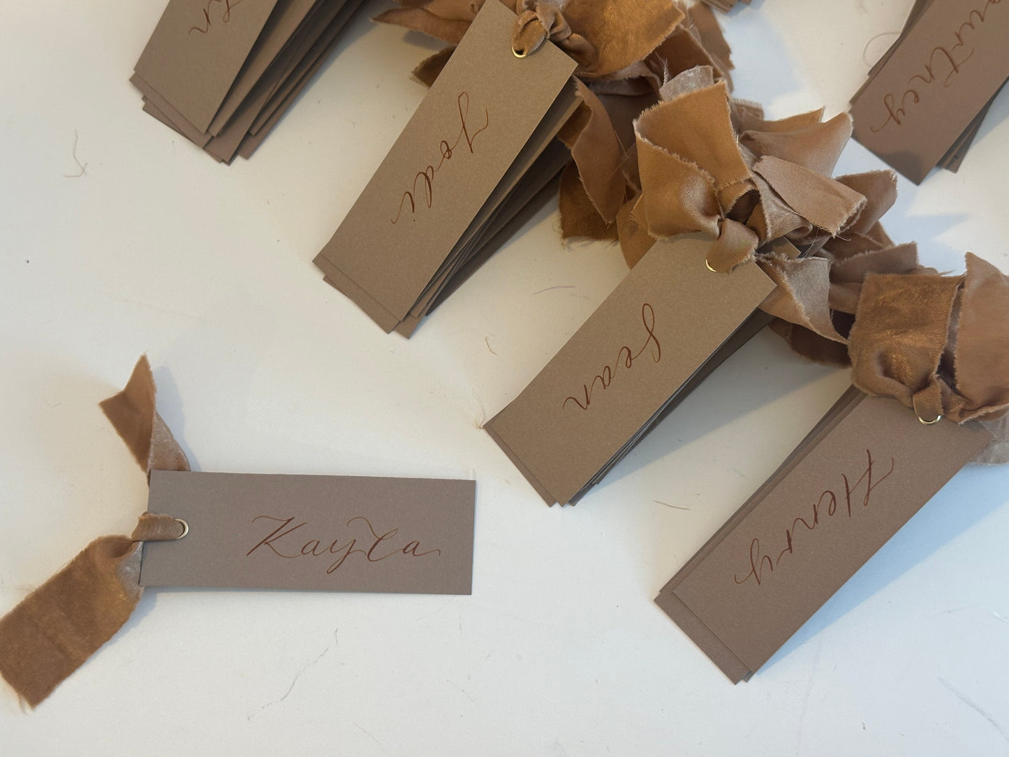 Mocha Chiffon Wedding Place Cards with Ribbon | Brown Calligraphy Place Cards