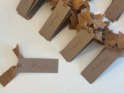Mocha Chiffon Wedding Place Cards with Ribbon | Brown Calligraphy Place Cards