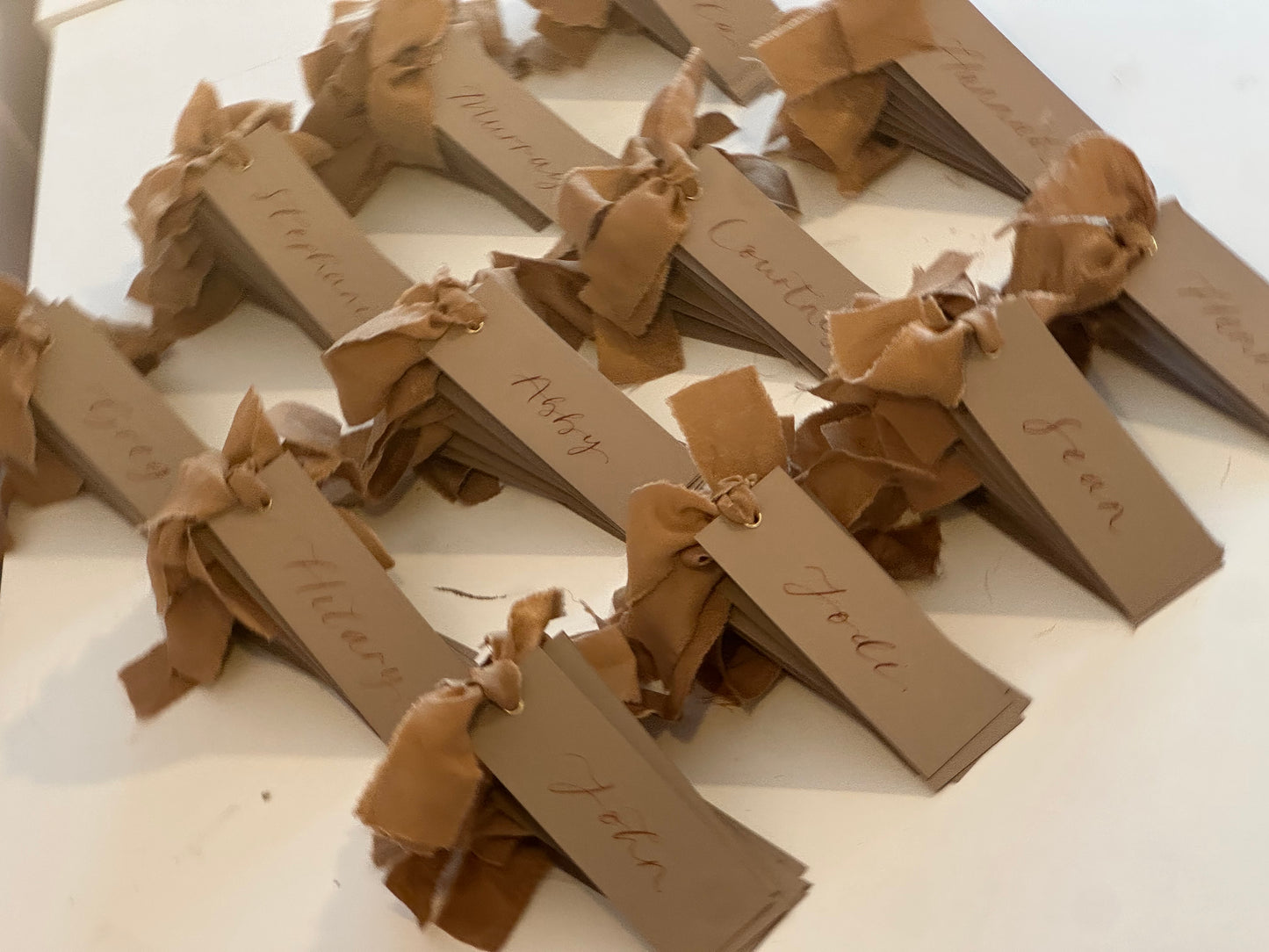 Mocha Chiffon Wedding Place Cards with Ribbon | Brown Calligraphy Place Cards