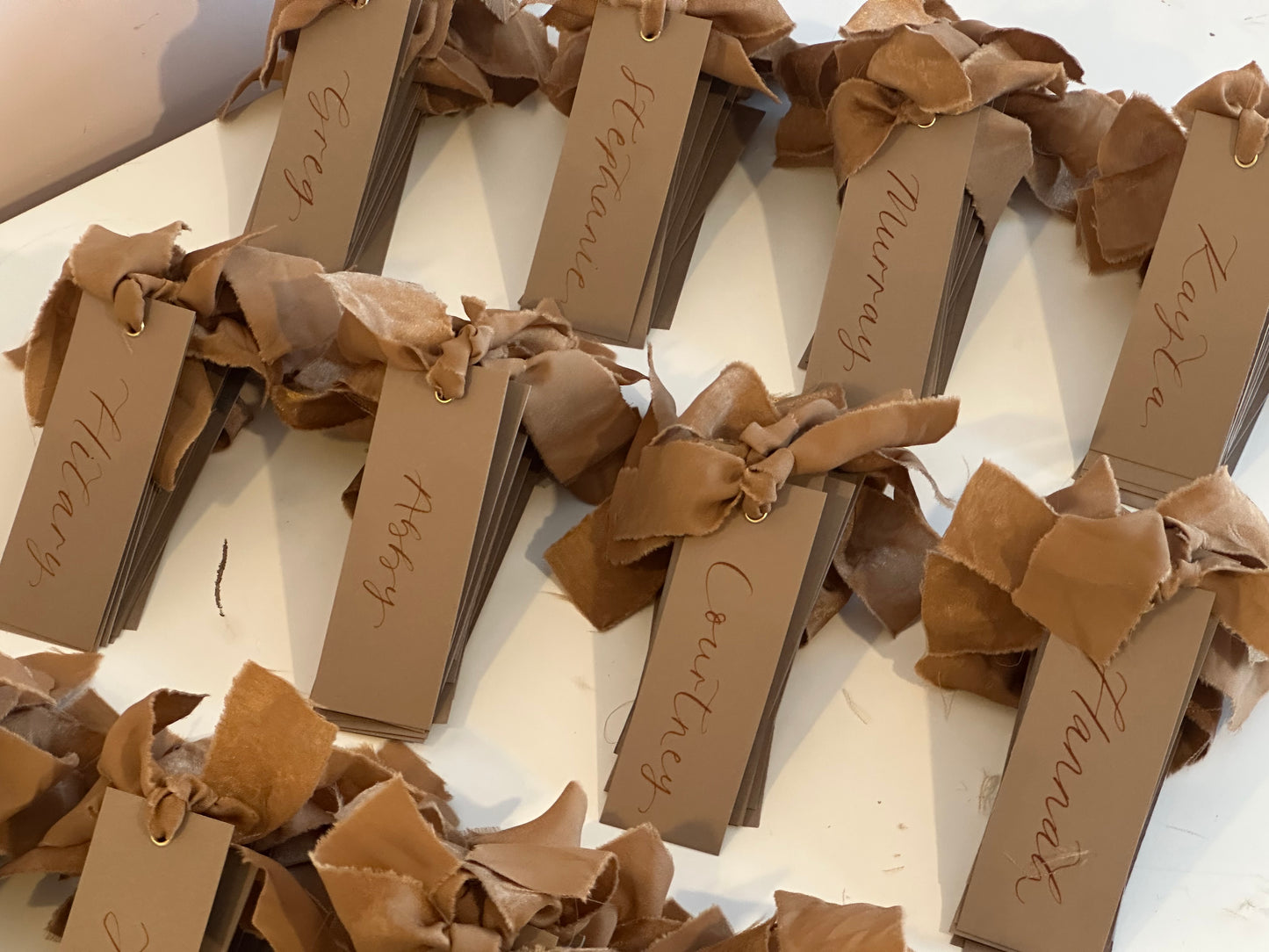 Mocha Chiffon Wedding Place Cards with Ribbon | Brown Calligraphy Place Cards