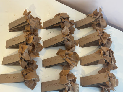 Mocha Chiffon Wedding Place Cards with Ribbon | Brown Calligraphy Place Cards