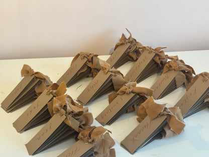 Mocha Chiffon Wedding Place Cards with Ribbon | Brown Calligraphy Place Cards