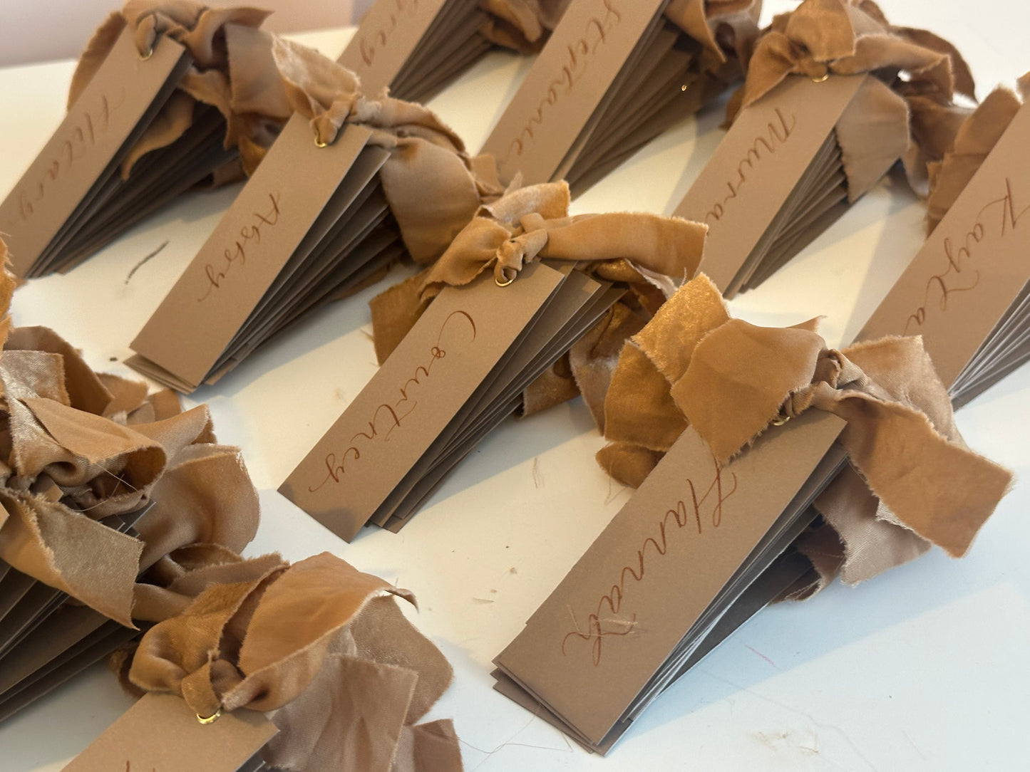 Mocha Chiffon Wedding Place Cards with Ribbon | Brown Calligraphy Place Cards