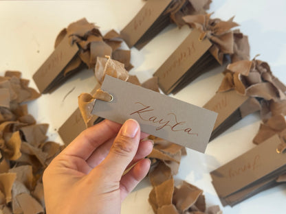 Mocha Chiffon Wedding Place Cards with Ribbon | Brown Calligraphy Place Cards